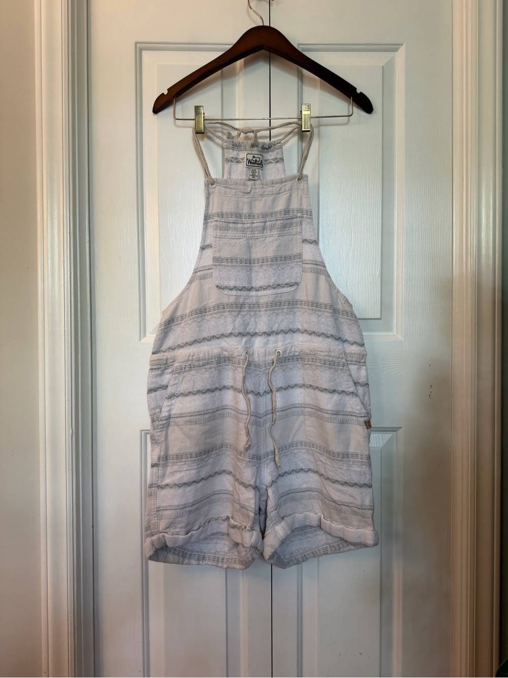 Woolrich Light Gray Striped Linen-Blend Short Overalls